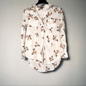 Lord & Taylor White Pink Floral 100% Linen Long Sleeve Button Down Shirt size S